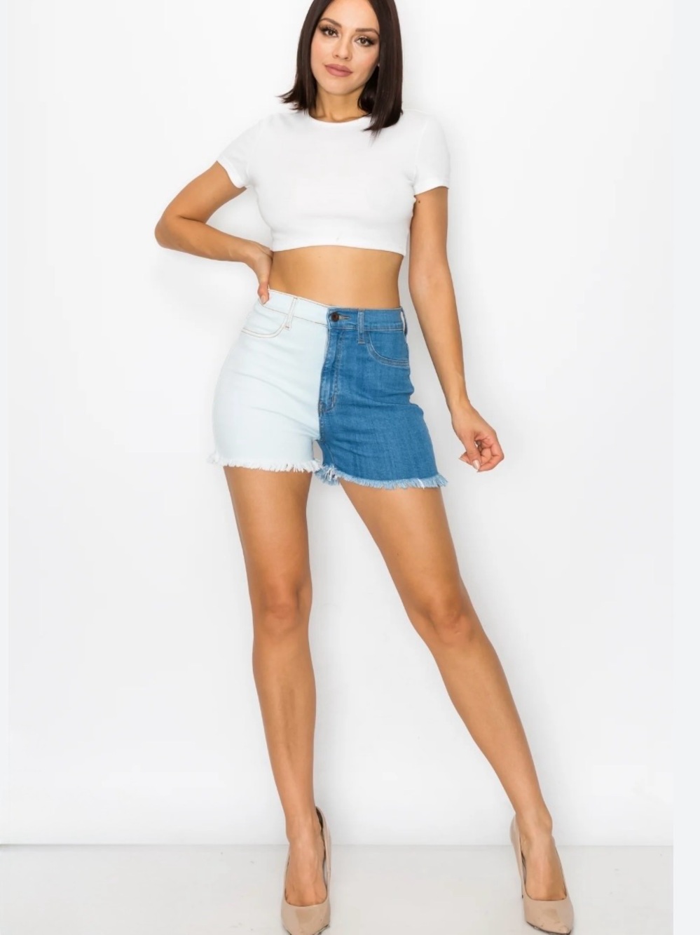 Hot & Delicious Two-Tone Denim Shorts - Light Blue & Medium Blue